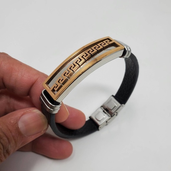 Stainless Steel Leather Cuff Silver and Gold Tone Metal Bracelet - Picture 6 of 7